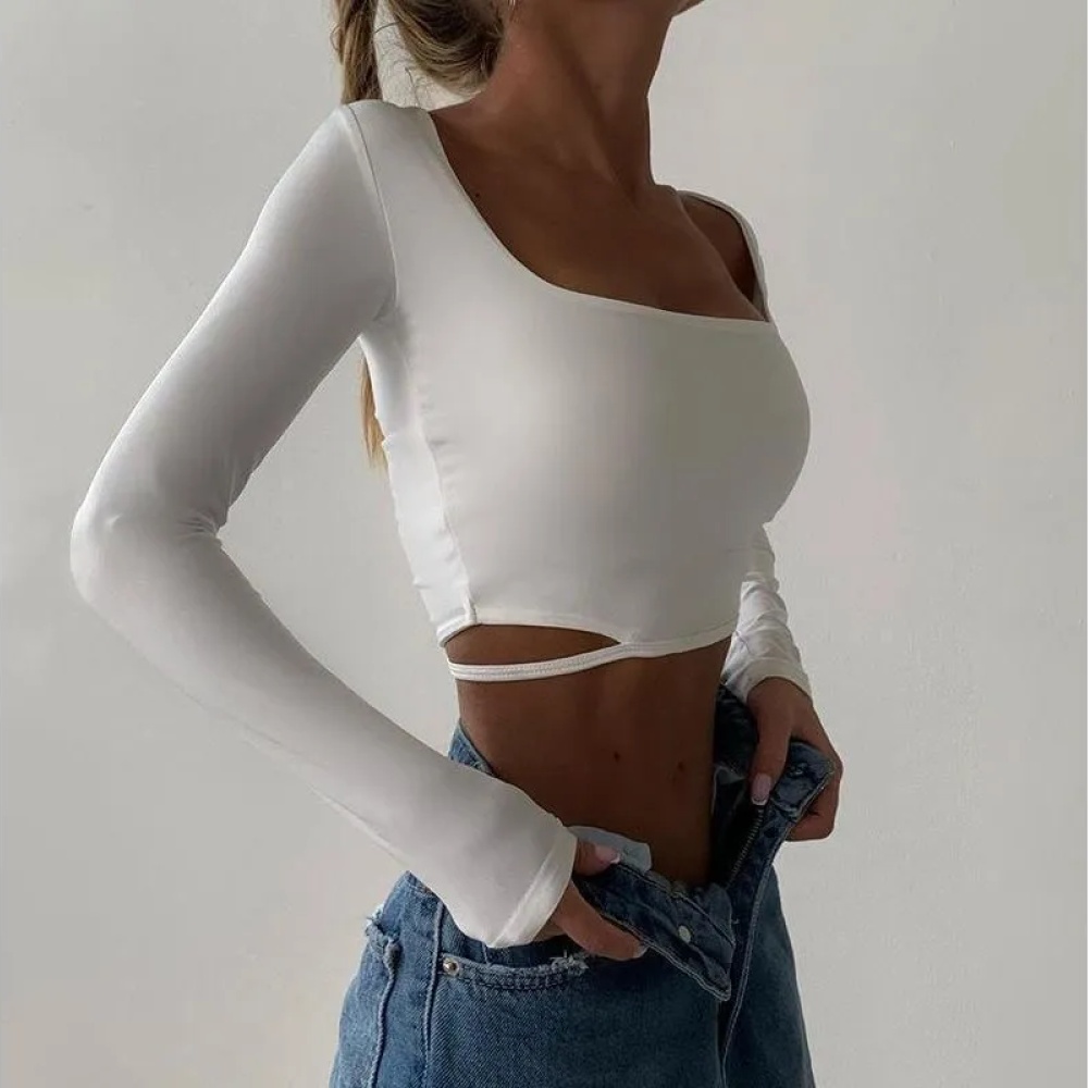 Rosesand - Long Sleeve Square-Neck Plain Cut-Out Crop Top