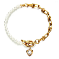 Charm Bracelets Stainless Steel Simulated Pearl Crystal Heart