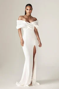 Presley Crepe Ruffle Shoulder Gown Dress (Off White)