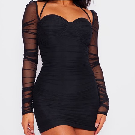 Black Mesh Ruched Mini Dress