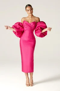 Tiffany Dupioni Puff Sleeve Maxi Dress (Hot Pink)