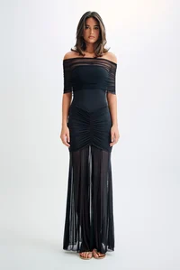 Caspian Slinky And Mesh Off Shoulder Maxi Dress - Black