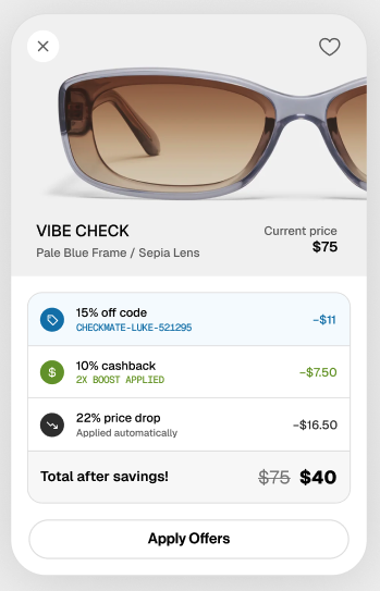 Checkmate offer card stacking a discount code, cashback, and a price drop