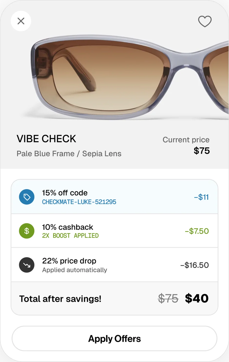 Checkmate offer card stacking a discount code, cashback, and a price drop